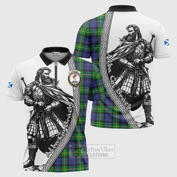 Meldrum Tartan Clan Crest Zipper Polo Shirt with Highlander Warrior Celtic Style Unisex - Tartan Vibes Clothing