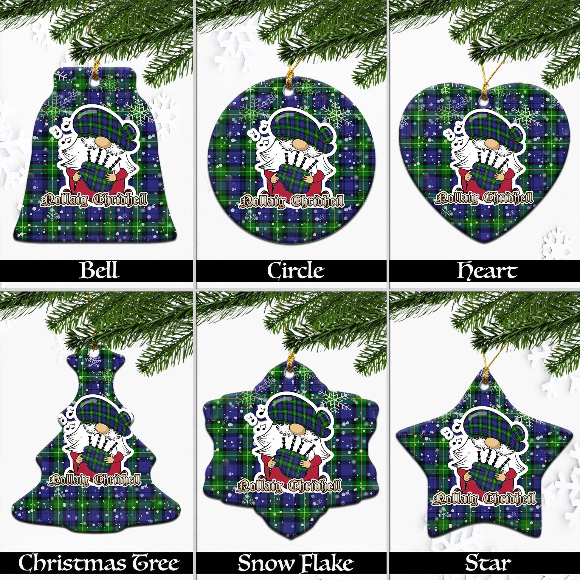 Meldrum Tartan Christmas Ceramic Ornaments with Scottish Gnome Playing Bagpipes Ceramic - Tartan Vibes Clothing