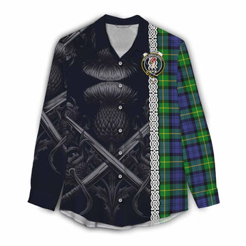 Meldrum Tartan Women's Casual Shirt with Family Crest Cross Sword Thistle Celtic Vibes Female - Tartan Vibes Clothing
