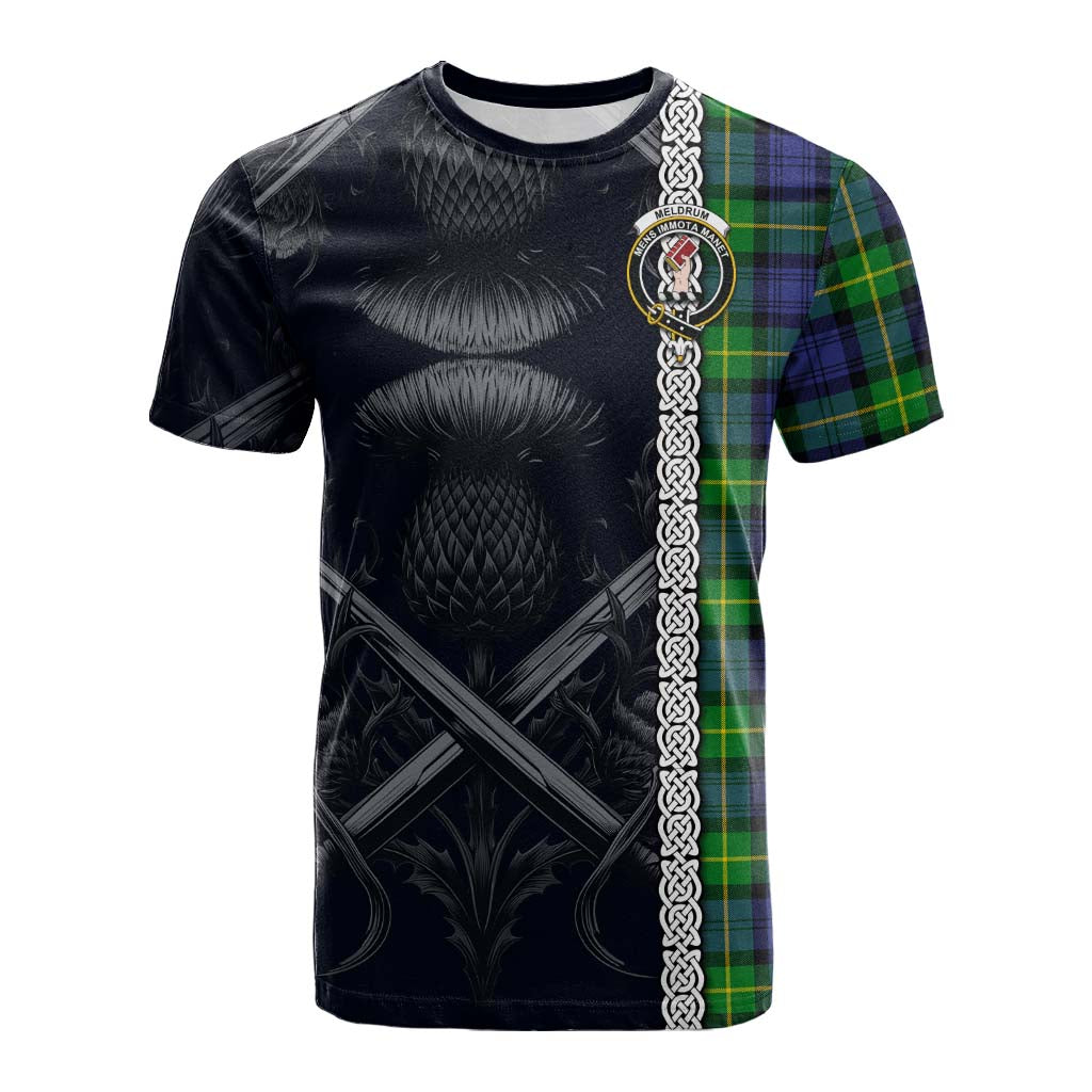 Meldrum Tartan Cotton T-shirt with Family Crest Cross Sword Thistle Celtic Vibes Kid's Shirt - Tartan Vibes Clothing