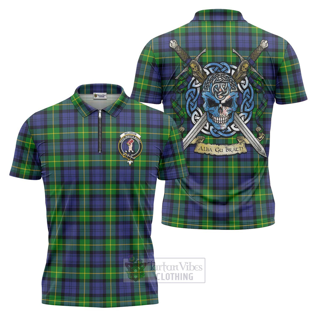 Meldrum Tartan Zipper Polo Shirt with Family Crest Celtic Skull Style Unisex - Tartan Vibes Clothing