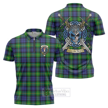 Meldrum Tartan Zipper Polo Shirt with Family Crest Celtic Skull Style Unisex - Tartan Vibes Clothing