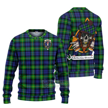 Meldrum Tartan Ugly Sweater with Family Crest and Bearded Skull Holding Bottles of Whiskey Unisex - Tartan Vibes Clothing