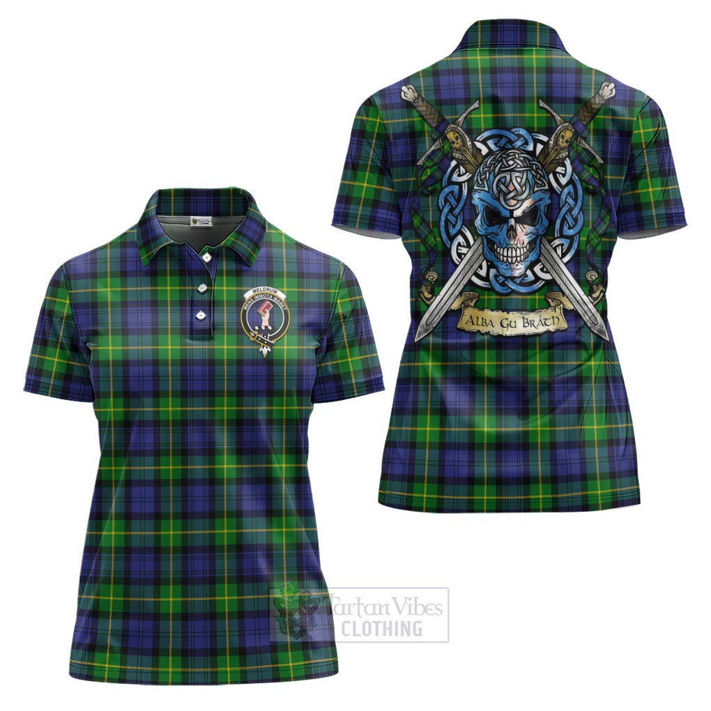 Meldrum Tartan Women's Polo Shirt with Family Crest Celtic Skull Style Women - Tartan Vibes Clothing