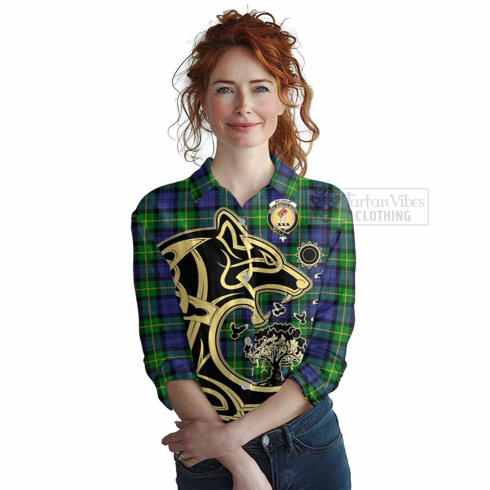 Meldrum Tartan Women's Casual Shirt with Family Crest Celtic Wolf Style Female - Tartan Vibes Clothing