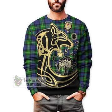 Meldrum Tartan Sweatshirt with Family Crest Celtic Wolf Style Unisex - Tartan Vibes Clothing