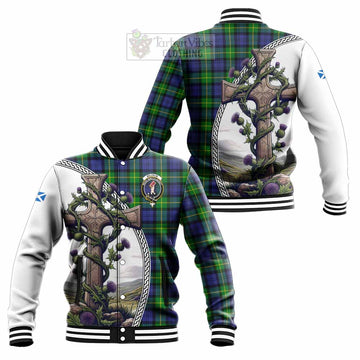 Meldrum Tartan Baseball Jacket with Family Crest and St. Andrew's Cross Accented by Thistle Vines Unisex - Tartan Vibes Clothing
