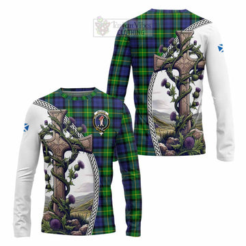 Meldrum Tartan Long Sleeve T-Shirt with Family Crest and St. Andrew's Cross Accented by Thistle Vines Unisex - Tartan Vibes Clothing