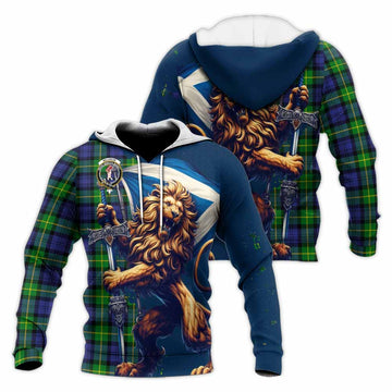 Meldrum Tartan Family Crest Knitted Hoodie with Scottish Majestic Lion Unisex Knitted Pullover Hoodie - Tartan Vibes Clothing