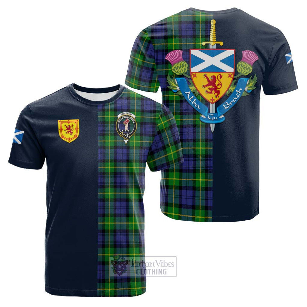 Tartan Vibes Clothing Meldrum Tartan Cotton T-shirt with Scottish Lion Royal Arm Half Style