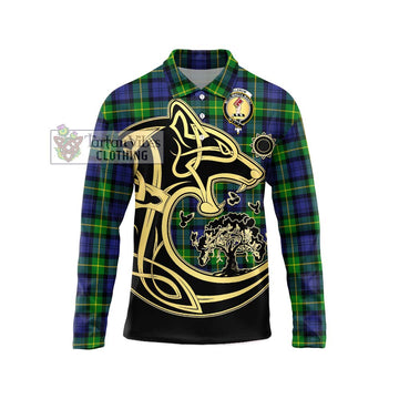 Meldrum Tartan Long Sleeve Polo Shirt with Family Crest Celtic Wolf Style Unisex - Tartan Vibes Clothing