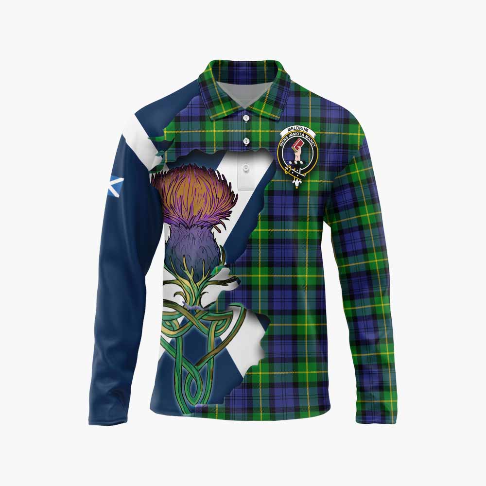 Meldrum Tartan Family Crest Long Sleeve Polo Shirt Scottish Thistle Celtic Inspired Unisex - Tartan Vibes Clothing