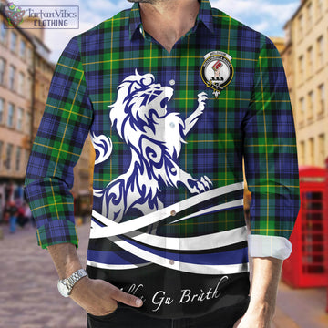 Meldrum Tartan Long Sleeve Button Up Shirt with Alba Gu Brath Regal Lion Emblem Men's Shirt - Tartan Vibes Clothing