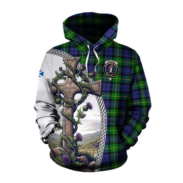 Meldrum Tartan Cotton Hoodie with Family Crest and St. Andrew's Cross Accented by Thistle Vines Pullover Hoodie XS - Tartan Vibes Clothing