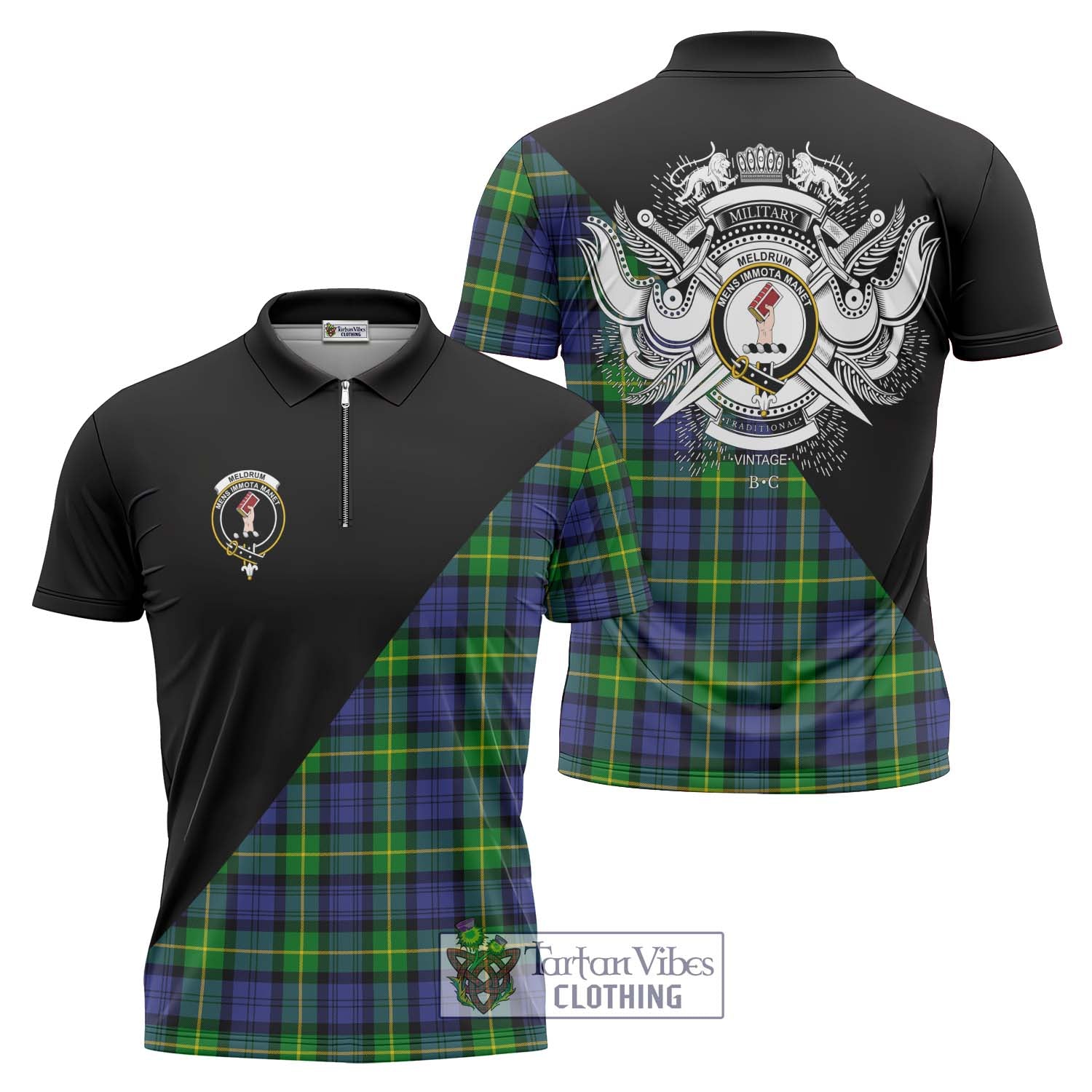 Meldrum Tartan Zipper Polo Shirt with Family Crest and Military Logo Style Unisex - Tartanvibesclothing Shop