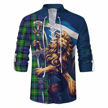 Meldrum Tartan Family Crest Ghillie Kilt Shirt with Scottish Majestic Lion Men - Tartan Vibes Clothing