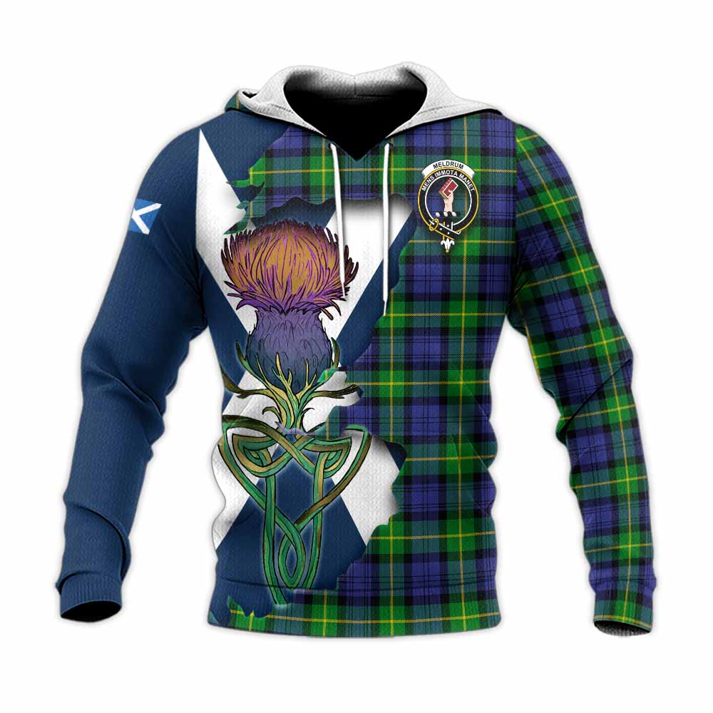 Meldrum Tartan Family Crest Knitted Hoodie Scottish Thistle Celtic Inspired Unisex Knitted Pullover Hoodie - Tartan Vibes Clothing