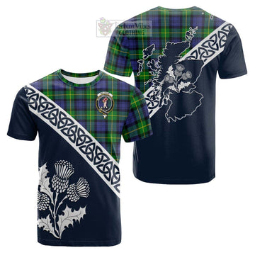 Tartan Vibes Clothing Meldrum Tartan Cotton T-shirt Featuring Thistle and Scotland Map