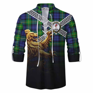 Meldrum Crest Tartan Ghillie Kilt Shirt with Golden Lion Emblem Celtic Style Men - Tartan Vibes Clothing