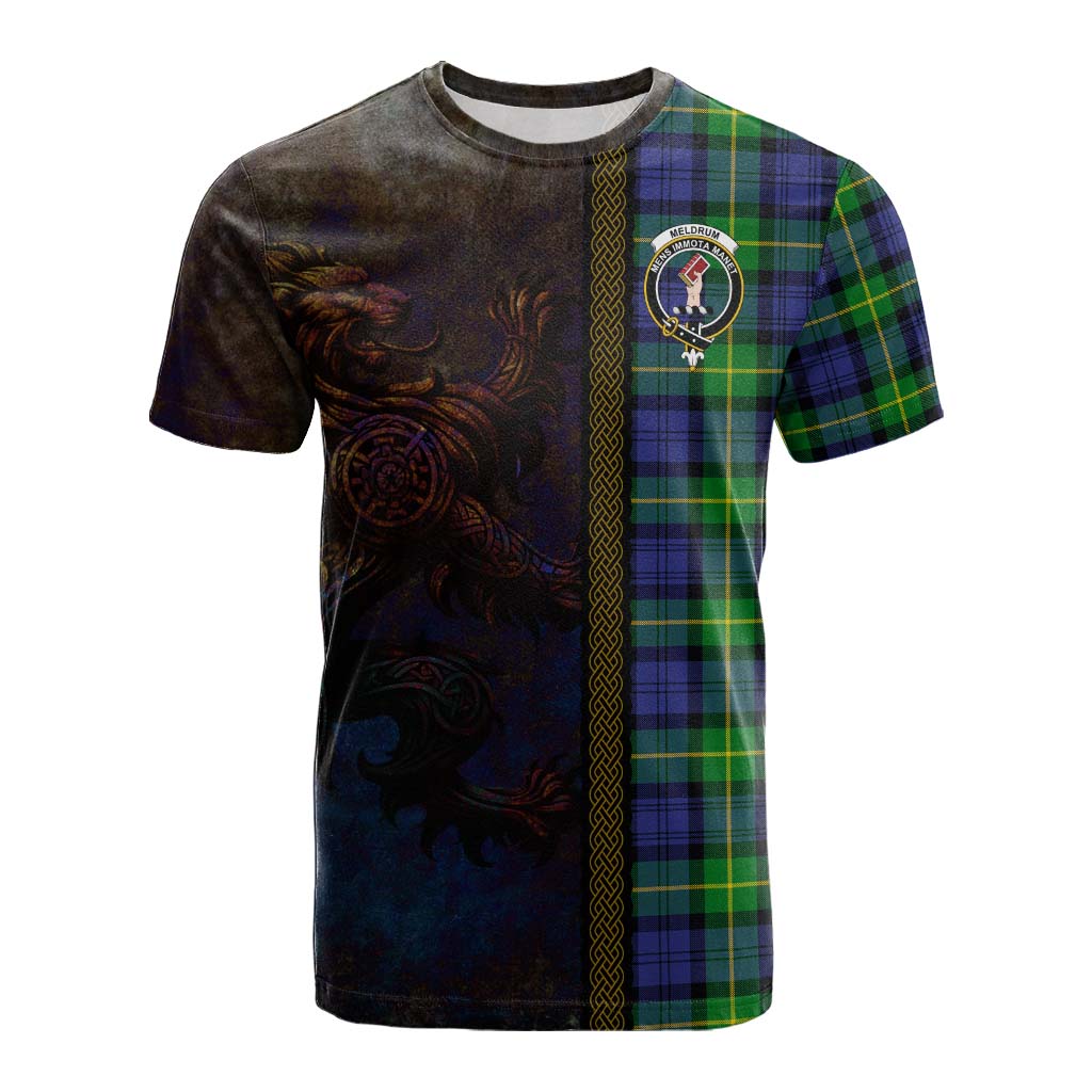 Tartan Vibes Clothing Meldrum Tartan Family Crest Cotton T-shirt Alba Gu Brath Be Brave Lion Ancient Style