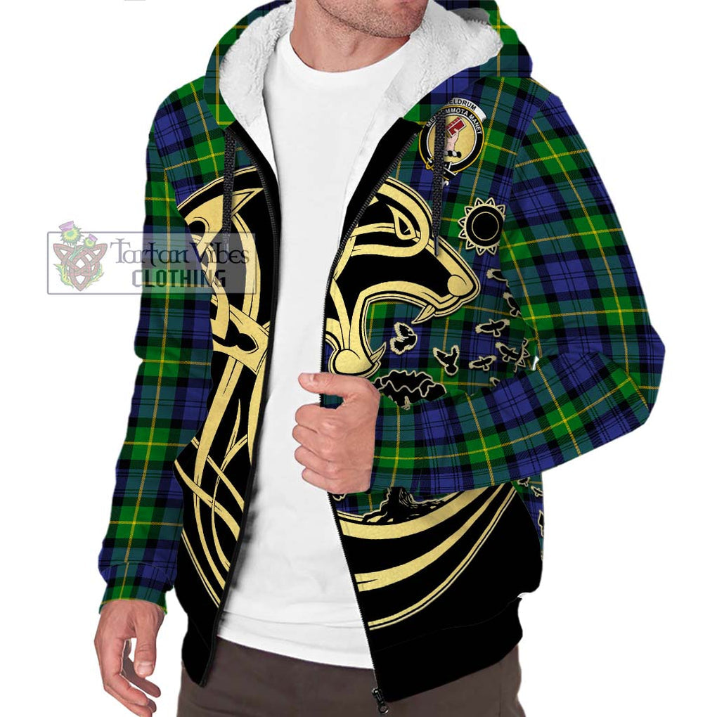 Meldrum Tartan Sherpa Hoodie with Family Crest Celtic Wolf Style Unisex S - Tartan Vibes Clothing
