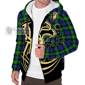 Meldrum Tartan Sherpa Hoodie with Family Crest Celtic Wolf Style Unisex S - Tartan Vibes Clothing