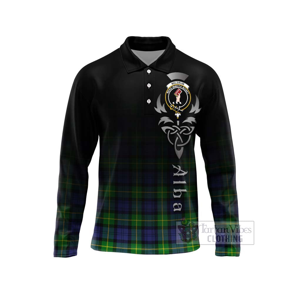 Meldrum Tartan Long Sleeve Polo Shirt Featuring Alba Gu Brath Family Crest Celtic Inspired Unisex - Tartan Vibes Clothing