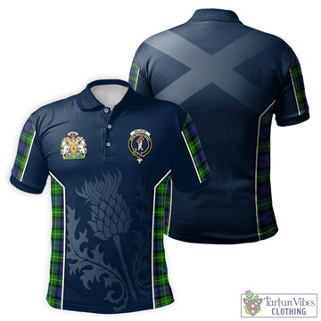Meldrum Tartan Men's Polo Shirt with Family Crest and Scottish Thistle Vibes Sport Style