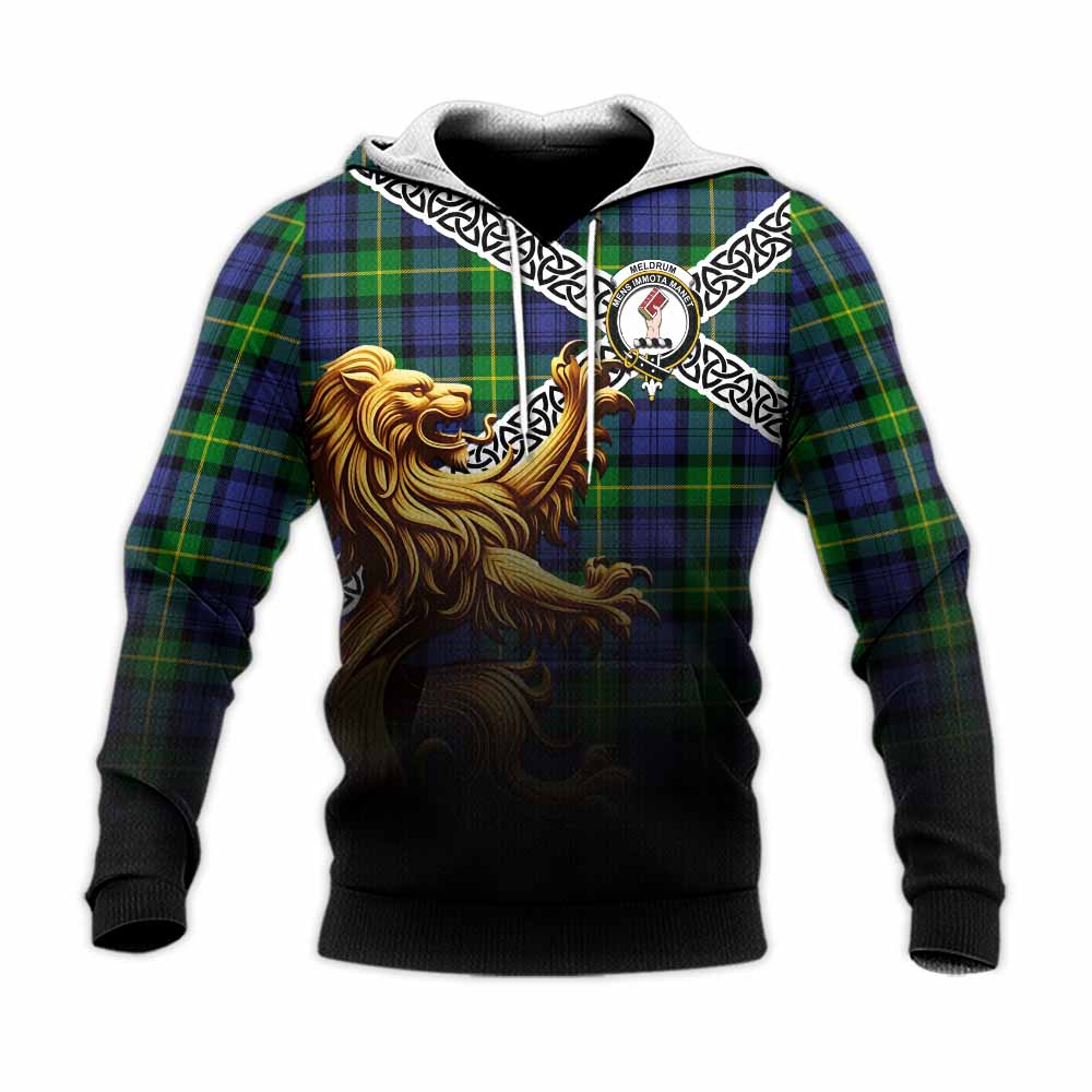 Meldrum Crest Tartan Knitted Hoodie with Golden Lion Emblem Celtic Style Unisex Knitted Pullover Hoodie - Tartan Vibes Clothing