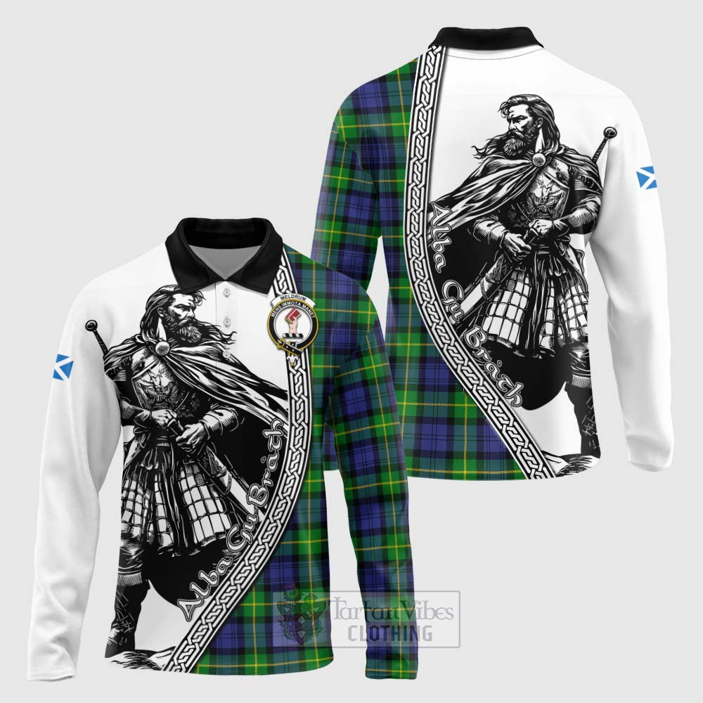 Meldrum Tartan Clan Crest Long Sleeve Polo Shirt with Highlander Warrior Celtic Style Unisex - Tartan Vibes Clothing
