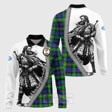 Meldrum Tartan Clan Crest Long Sleeve Polo Shirt with Highlander Warrior Celtic Style Unisex - Tartan Vibes Clothing