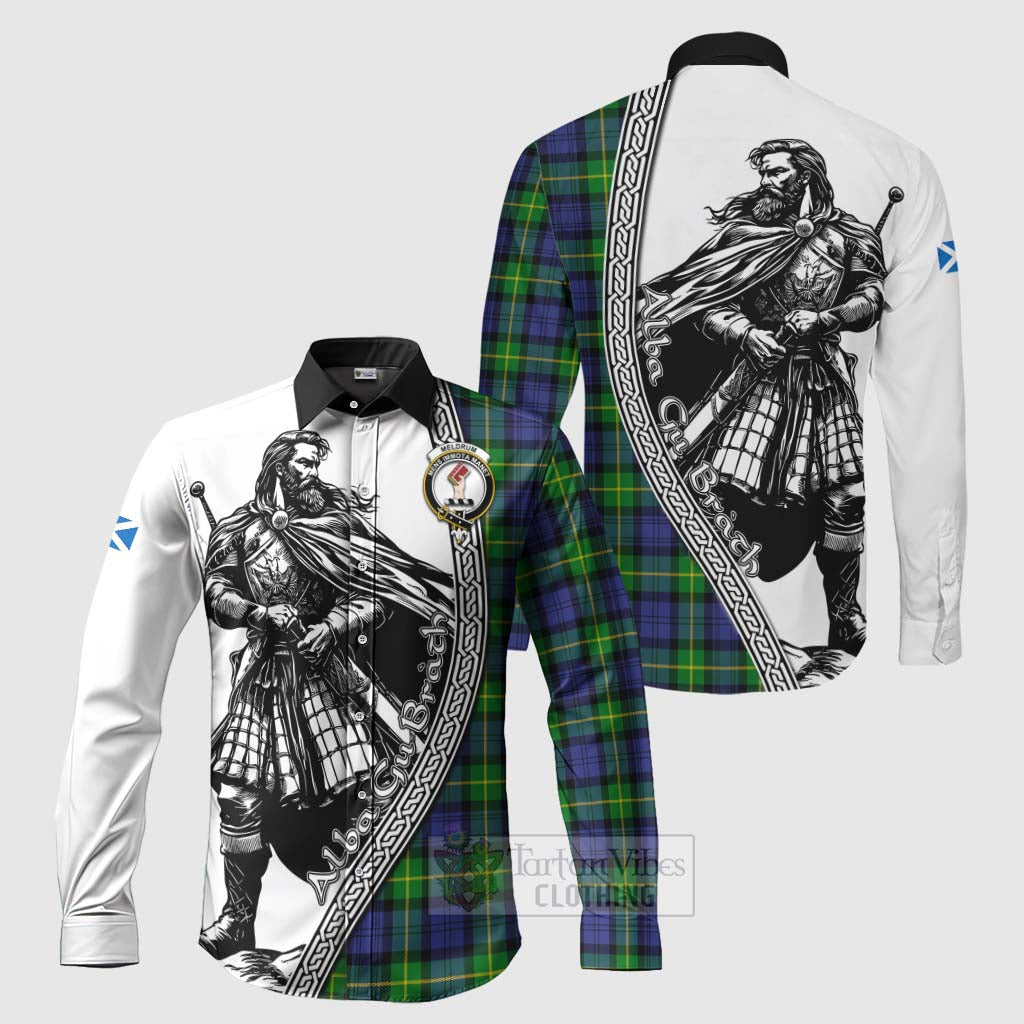 Meldrum Tartan Clan Crest Long Sleeve Button Shirt with Highlander Warrior Celtic Style Men's Shirt S - Tartan Vibes Clothing