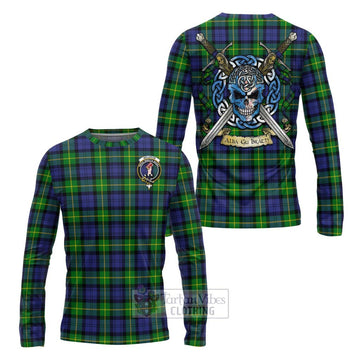 Meldrum Tartan Long Sleeve T-Shirt with Family Crest Celtic Skull Style Unisex - Tartan Vibes Clothing