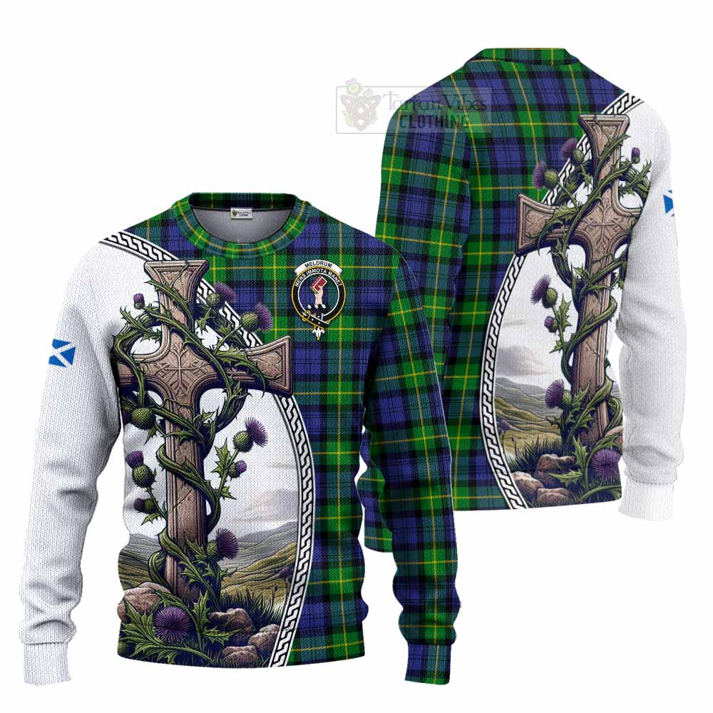 Meldrum Tartan Knitted Sweater with Family Crest and St. Andrew's Cross Accented by Thistle Vines Unisex - Tartan Vibes Clothing