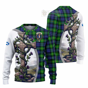 Meldrum Tartan Knitted Sweater with Family Crest and St. Andrew's Cross Accented by Thistle Vines Unisex - Tartan Vibes Clothing
