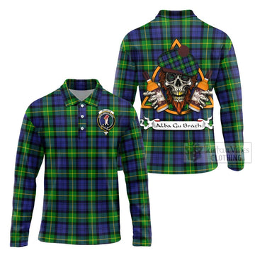 Meldrum Tartan Long Sleeve Polo Shirt with Family Crest and Bearded Skull Holding Bottles of Whiskey Unisex - Tartan Vibes Clothing
