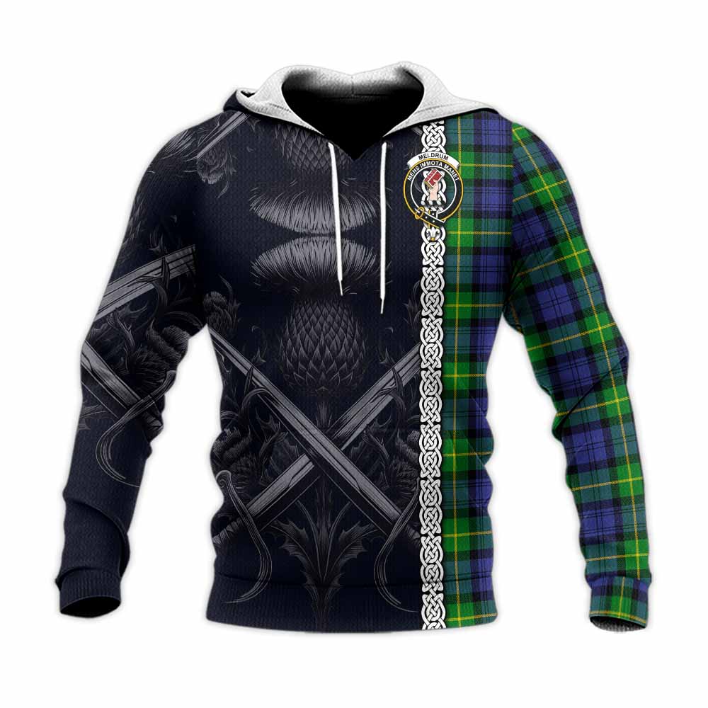 Meldrum Tartan Knitted Hoodie with Family Crest Cross Sword Thistle Celtic Vibes Unisex Knitted Pullover Hoodie - Tartan Vibes Clothing