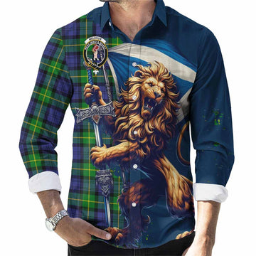 Meldrum Tartan Family Crest Long Sleeve Button Shirt with Scottish Majestic Lion Men's Shirt S - Tartan Vibes Clothing