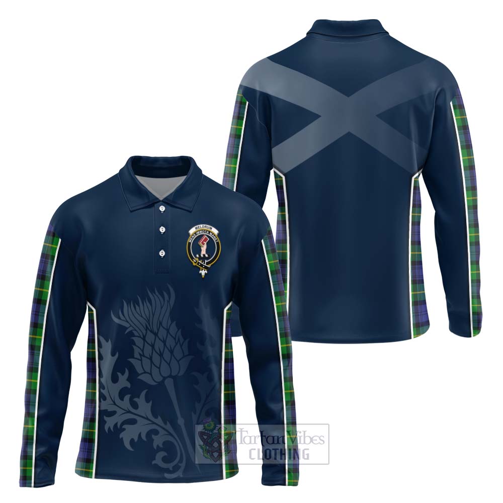 Tartan Vibes Clothing Meldrum Tartan Long Sleeve Polo Shirt with Family Crest and Scottish Thistle Vibes Sport Style