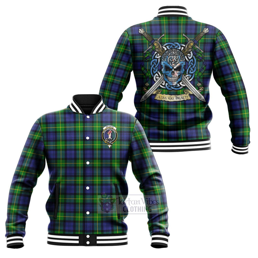 Meldrum Tartan Baseball Jacket with Family Crest Celtic Skull Style Unisex - Tartan Vibes Clothing