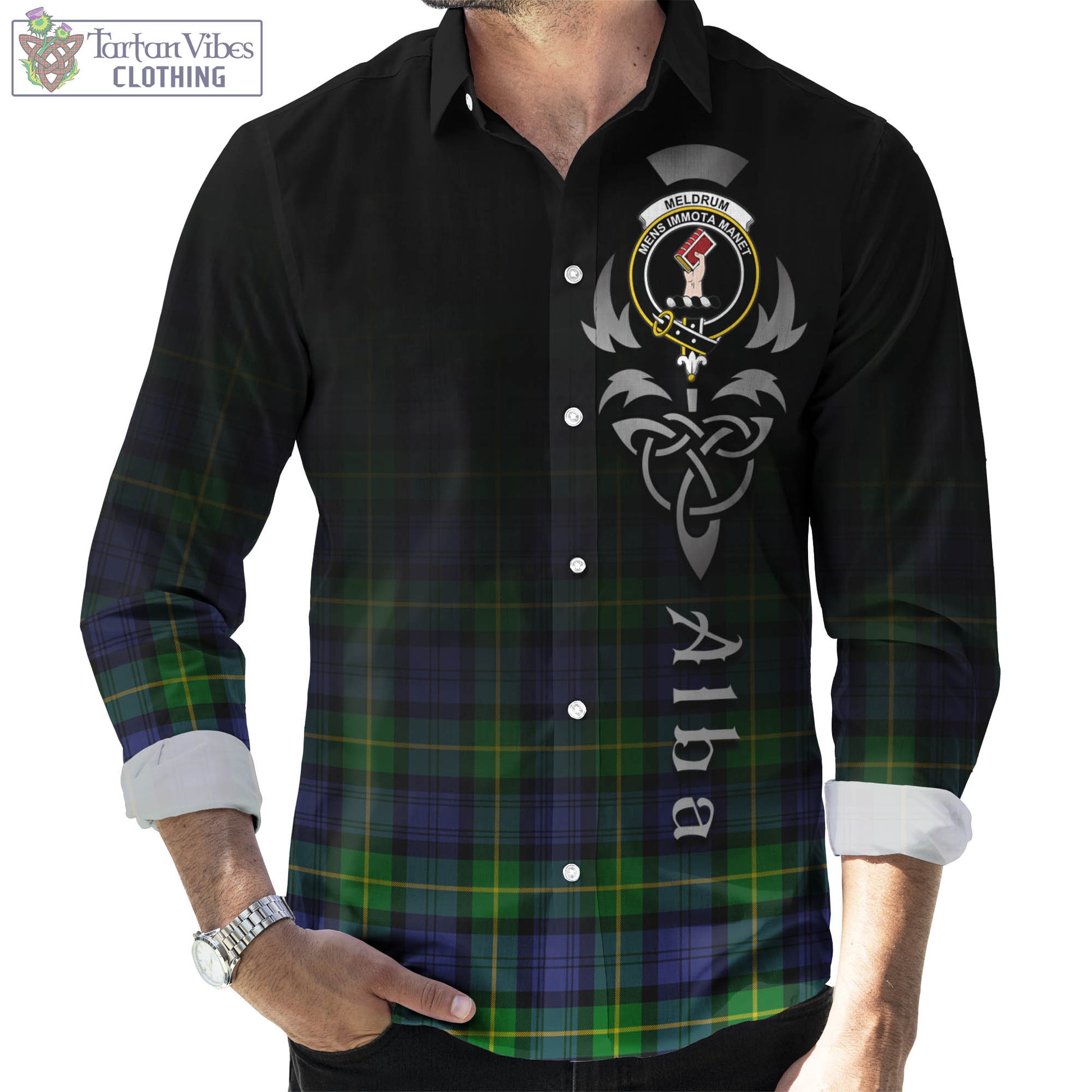 Meldrum Tartan Long Sleeve Button Up Featuring Alba Gu Brath Family Crest Celtic Inspired Men's Shirt - Tartan Vibes Clothing