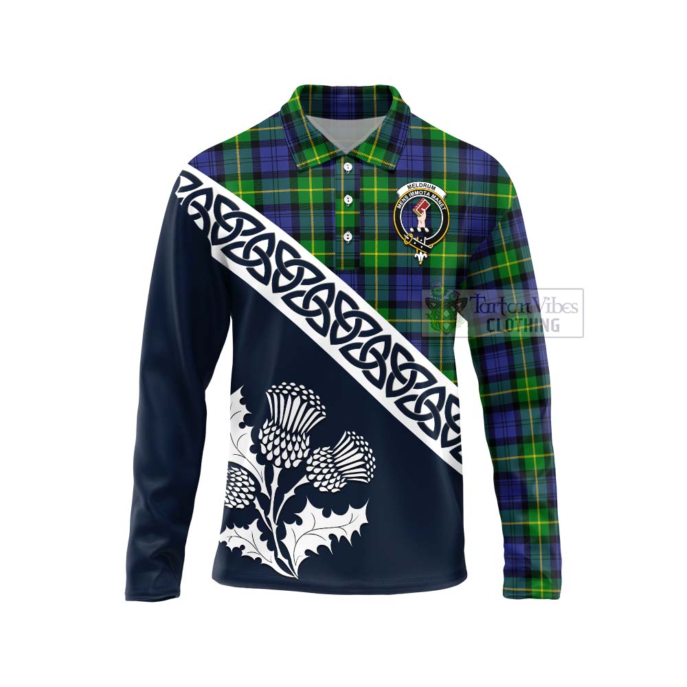 Meldrum Tartan Long Sleeve Polo Shirt Featuring Thistle and Scotland Map Unisex - Tartan Vibes Clothing