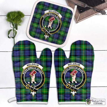 Meldrum Tartan Combo Oven Mitt & Pot-Holder with Family Crest Combo 2 Oven Mitt & 1 Pot-Holder Black - Tartan Vibes Clothing