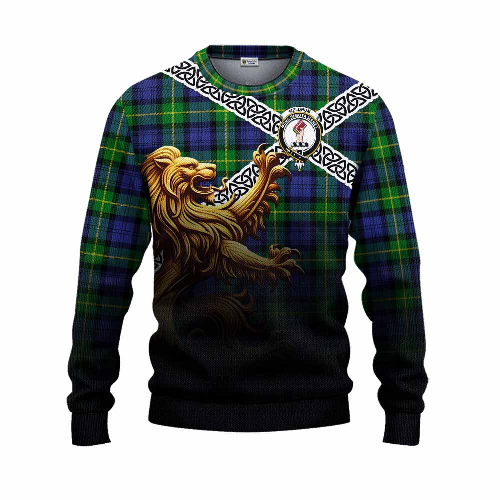 Meldrum Crest Tartan Knitted Sweater with Golden Lion Emblem Celtic Style Unisex - Tartan Vibes Clothing