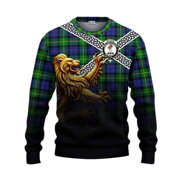Meldrum Crest Tartan Knitted Sweater with Golden Lion Emblem Celtic Style Unisex - Tartan Vibes Clothing