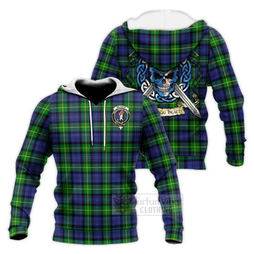 Meldrum Tartan Knitted Hoodie with Family Crest Celtic Skull Style Unisex Knitted Pullover Hoodie - Tartan Vibes Clothing