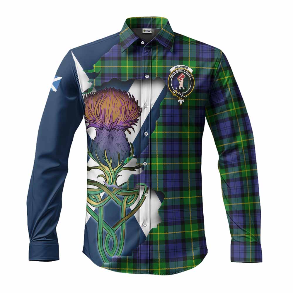 Meldrum Tartan Family Crest Long Sleeve Button Shirt Scottish Thistle Celtic Inspired Men's Shirt S - Tartan Vibes Clothing