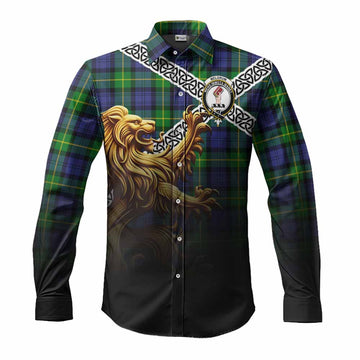 Meldrum Crest Tartan Long Sleeve Button Shirt with Golden Lion Emblem Celtic Style Men's Shirt S - Tartan Vibes Clothing