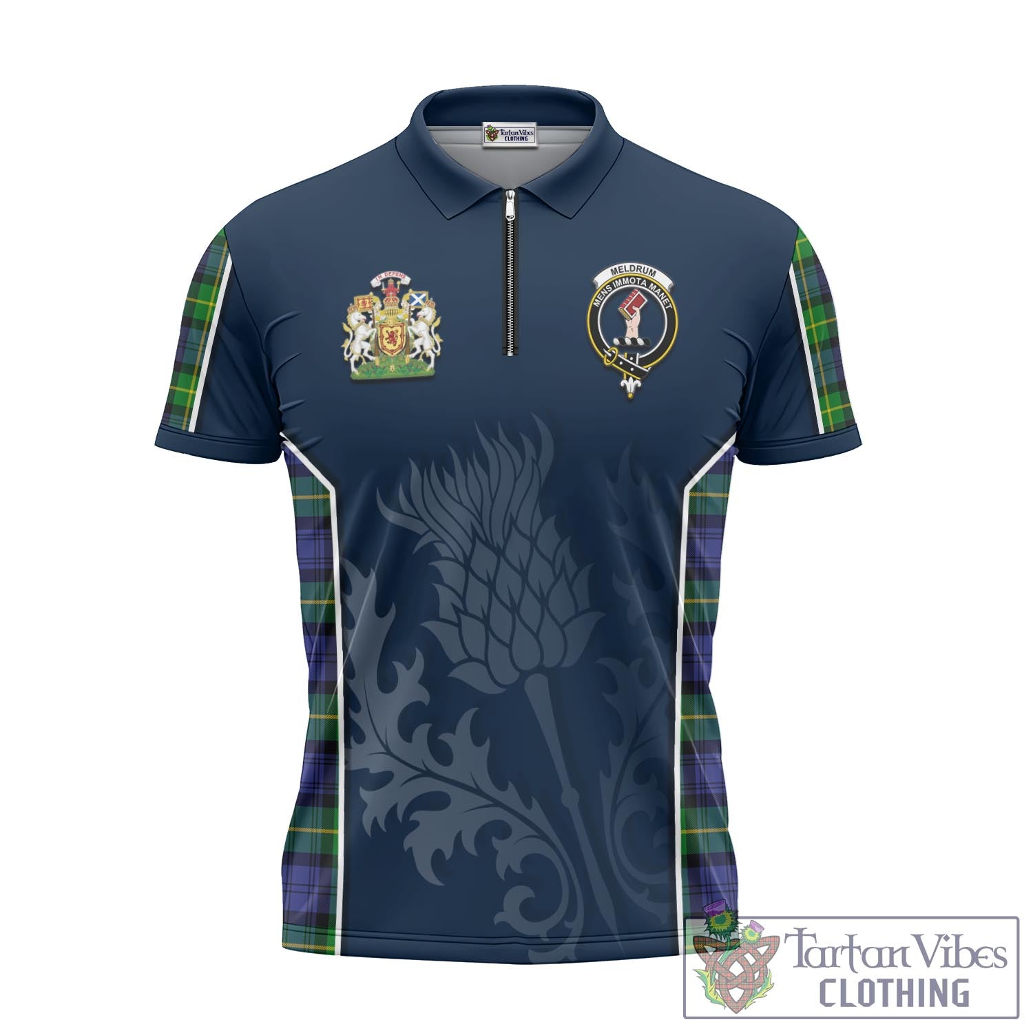 Tartan Vibes Clothing Meldrum Tartan Zipper Polo Shirt with Family Crest and Scottish Thistle Vibes Sport Style