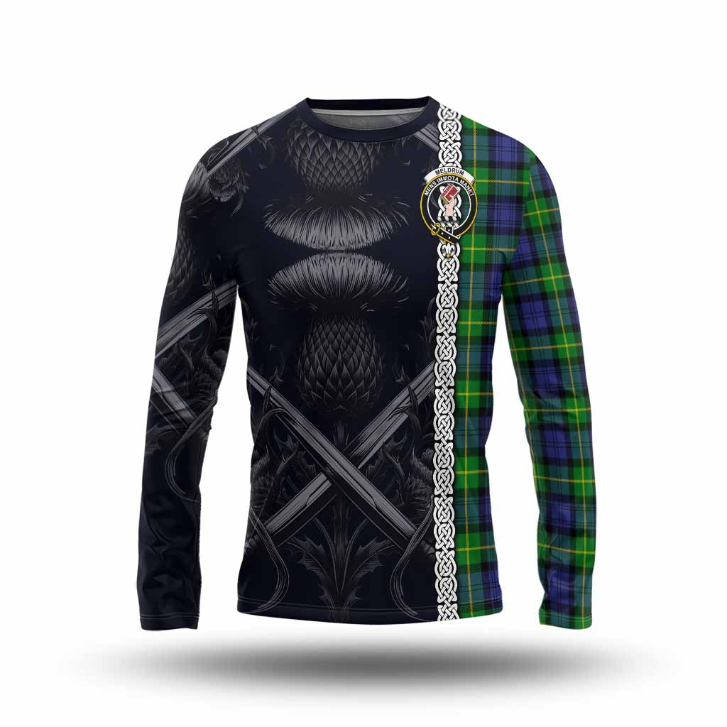 Meldrum Tartan Long Sleeve T-Shirt with Family Crest Cross Sword Thistle Celtic Vibes Unisex - Tartan Vibes Clothing